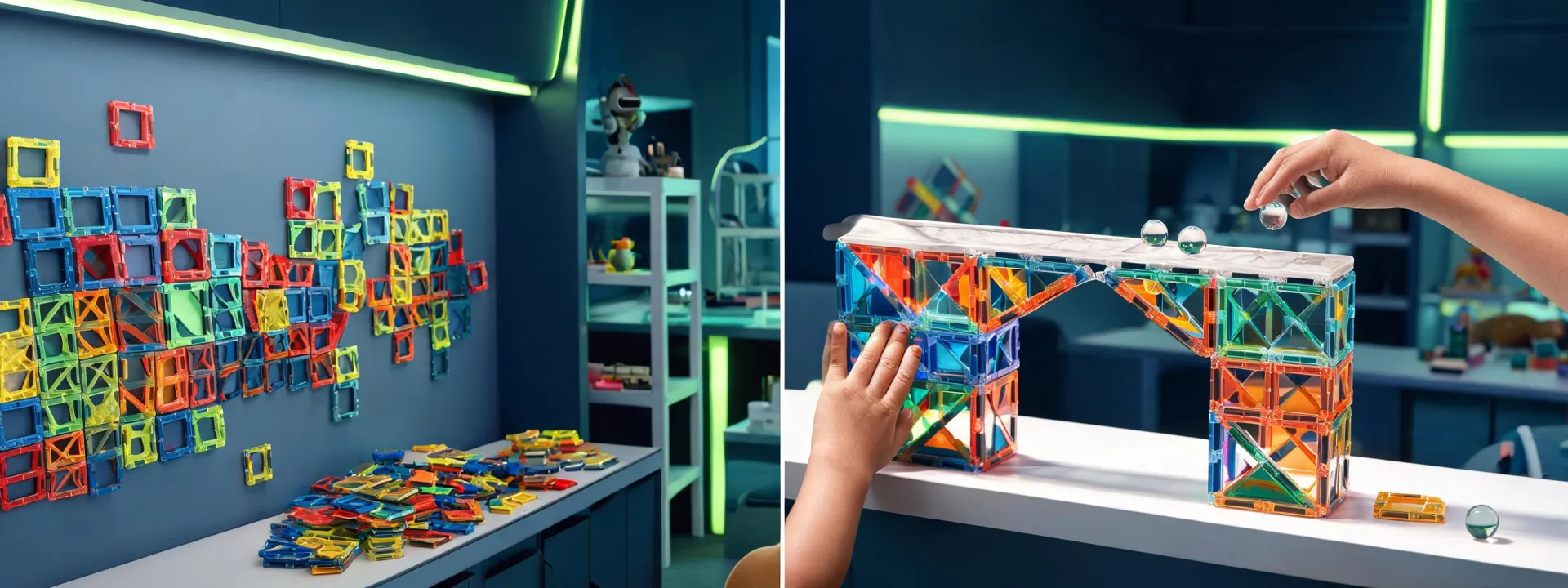 Magna Tiles STEM innovation lab before and after build wall